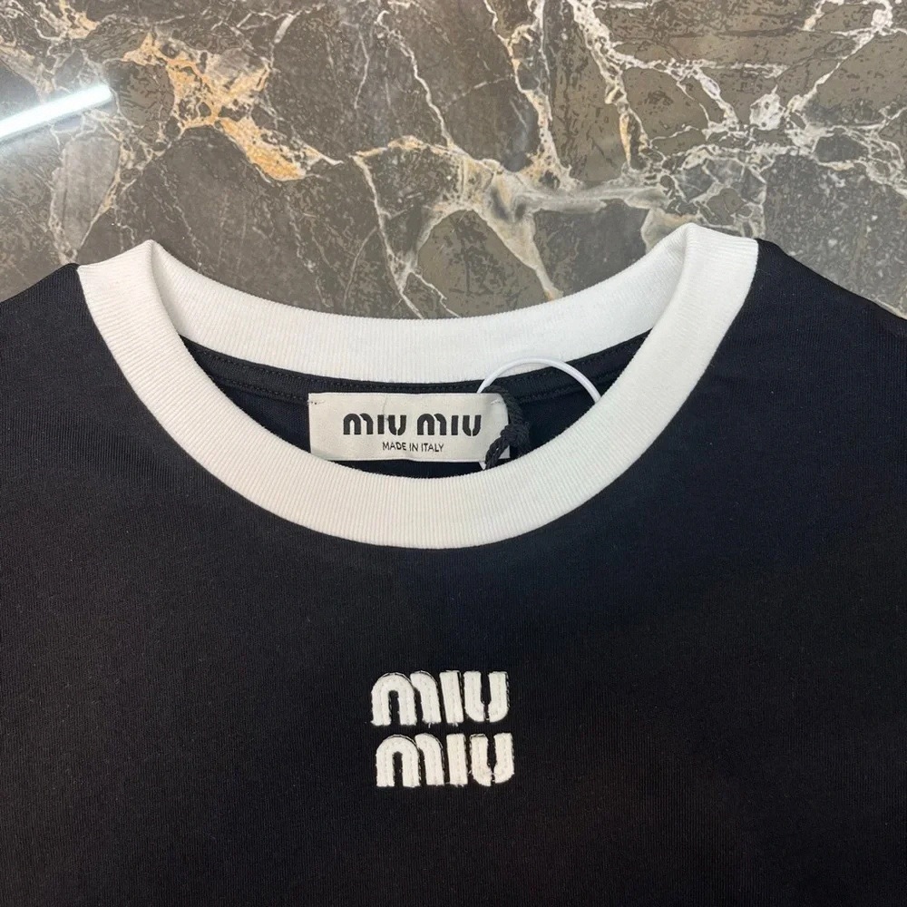 Miu Miu Form-Fitting Short-Sleeve Top in Black and White - Picture 7 of 8